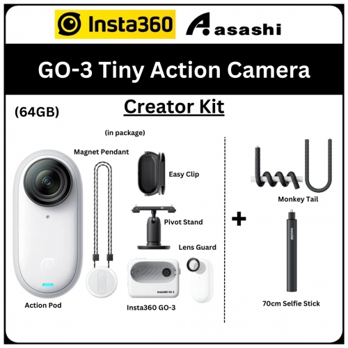 CREATOR KIT - Insta360 GO 3 (64gb) Tiny Action Camera with Monkey Tail + 70cm Selfie Stick - CINSABKA-CK (GO301)