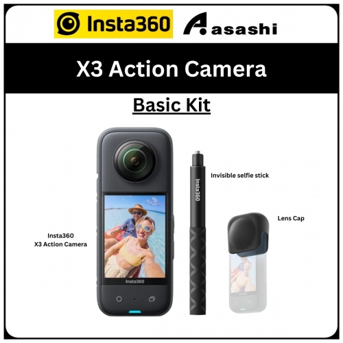Insta360 X3 Basic Kit Action Camera (CINSAAQ/B-B) - Standalone + invisible selfie stick + lens cap