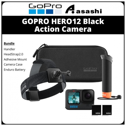 Bundle - GOPRO HERO12 Black Action Camera + Handler / HeadStrap2.0 / Adhesive Mouny / Camera Case / Enduro Battery (FOC Protective Housing)