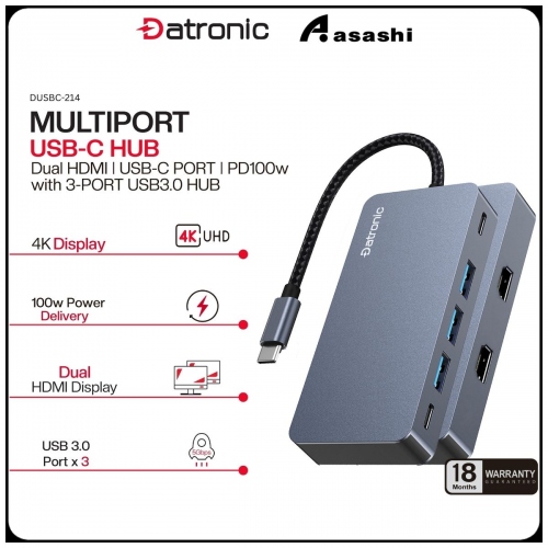 Datronic DUSBC-214 7in1 USB-C to Dual HDMI / USB3.0 x 3 / 1000mbps RJ45 / 100wPD