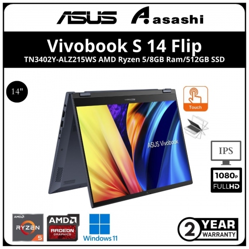 Asus Vivobook Flip TN3402Y-ALZ215WS - (AMD Ryzen 5-7530U/8GB DDR4 OB(1 Extra Slot)/512GB SSD/14