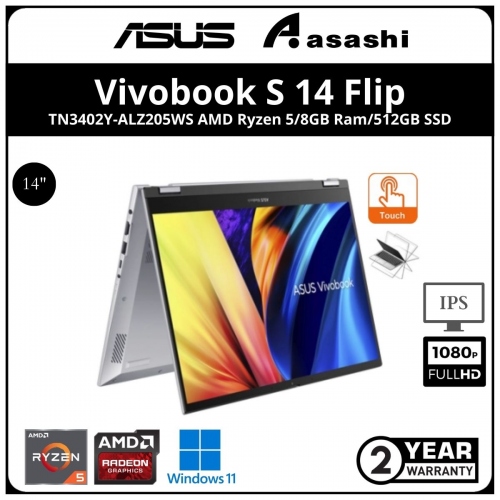 Asus Vivobook Flip TN3402Y-ALZ205WS - (AMD Ryzen 5-7530U/8GB DDR4 OB(1 Extra Slot)/512GB SSD/14