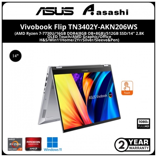 Asus Vivobook Flip TN3402Y-AKN206WS - (AMD Ryzen 7-7730U/16GB DDR4(8GB OB+8GB)/512GB SSD/14