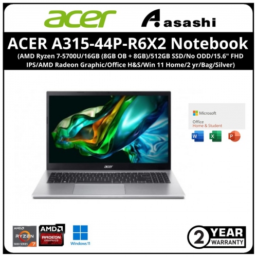 ACER A315-44P-R6X2 Notebook (AMD Ryzen 7-5700U/16GB (8GB OB + 8GB)/512GB SSD/No ODD/15.6