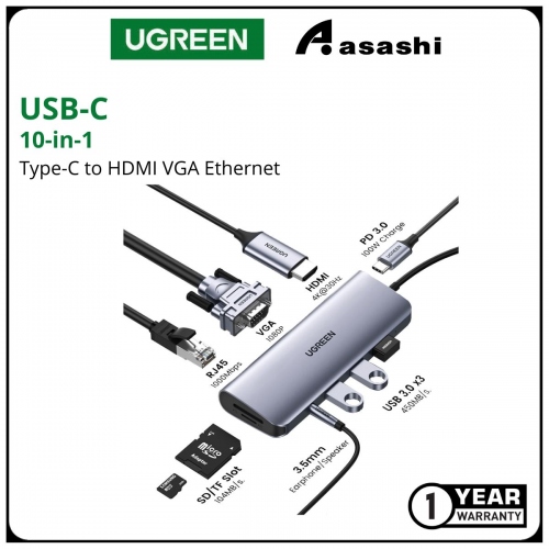 UGREEN USB Type-C Hub 10 in 1 to HDMI VGA Ethernet PD 3.0 USB 3.0*3 Ports