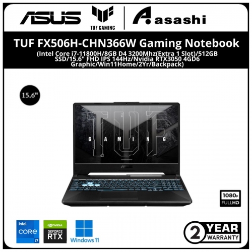 Asus TUF FX506H-CHN366W Gaming Notebook - (Intel Core i7-11800H/8GB D4 3200Mhz(Extra 1 Slot)/512GB SSD/15.6