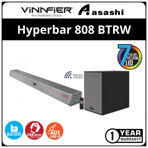 Vinnfier Hyperbar 808 BTRW Bluetooth Sound Bar with Wireless Subwoofer with AUX HDMI OPTICAL INPUT - 1Y