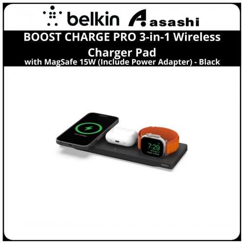 Belkin BOOST CHARGE PRO 3-in-1 Wireless Charger Pad with MagSafe 15W (Include Power Adapter) - Black