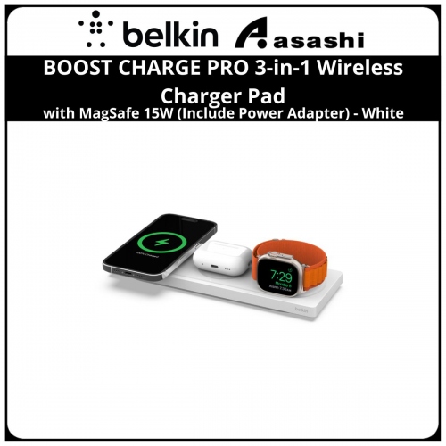 Belkin BOOST CHARGE PRO 3-in-1 Wireless Charger Pad with MagSafe 15W (Include Power Adapter) - White