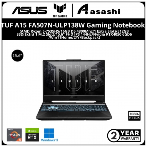 Asus TUF A15 FA507N-ULP138W Gaming Notebook - (AMD Ryzen 5-7535HS/16GB D5 4800Mhz(1 Extra Slot)/512GB SSD(Extra 1 M.2 Slot)/15.6
