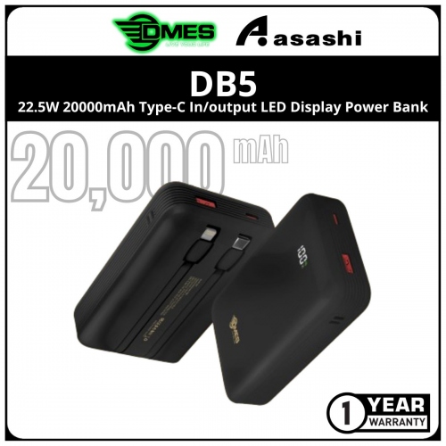 DMES DB5 (Black) 22.5W 20000mAh Type-C In/output LED Display Power Bank - 1Y