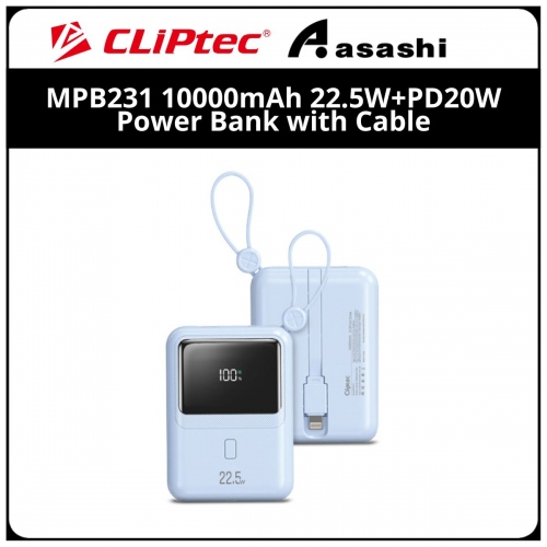 Cliptec MPB231 (Blue) 10000mah 22.5+PD20W Power Bank with Built-In Lightning & Type-C Cable