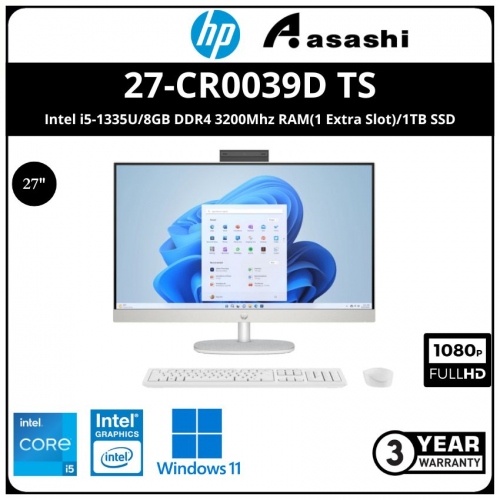 HP All-in-One 27-cr0039d TS PC-9H9P4PA-(Intel i5-1335U/8GB DDR4 3200Mhz RAM(1 Extra Slot)/1TB SSD/Intel UHD Graphic/WIFI & BT/Wireless Keyboard & Mouse /27
