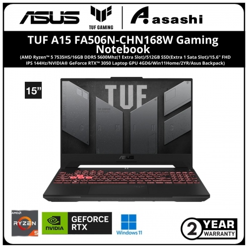 Asus TUF A15 FA506N-CHN168W Gaming Notebook - (AMD Ryzen™ 5 7535HS/16GB DDR5 4800Mhz(1 Extra Slot)/512GB SSD(Extra 1 Sata Slot)/15.6