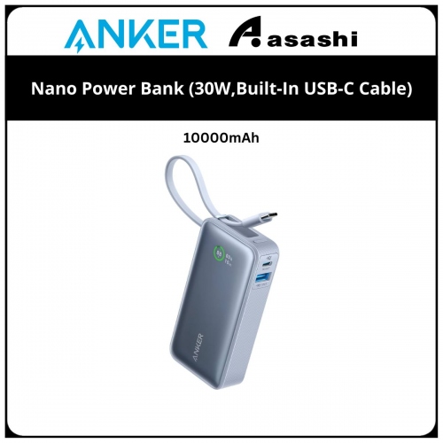 Anker 10000mAh Nano Power Bank (30W,Built-In USB-C Cable) - Blue