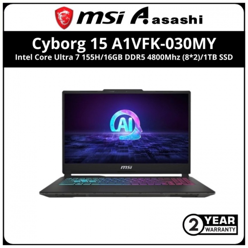 MSI Cyborg AI 15 A1VFK-030MY Gaming Notebook (Intel Core Ultra 7 155H/16GB DDR5 4800Mhz (8*2)/1TB SSD/NVIDIA GeForce RTX™ 4060 Laptop GPU 8GB GDDR6/15.6