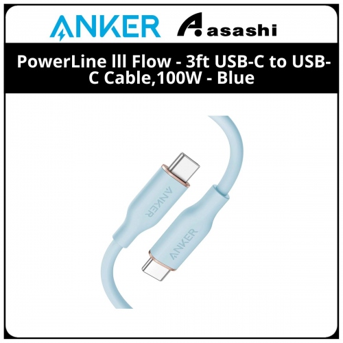 Anker PowerLine lll Flow - 3ft USB-C to USB-C Cable, 100W - Blue