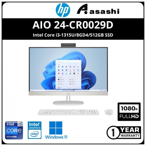 HP AIO 24-cr0029d Desktop PC-85W23PA-(Intel Core i3-1315U/8GD4/512GB SSD/Intel UHD Graphic/No-DVDRW/WiFi+BT/WIRELESS KB & Mouse/Win11Home/3Yrs)