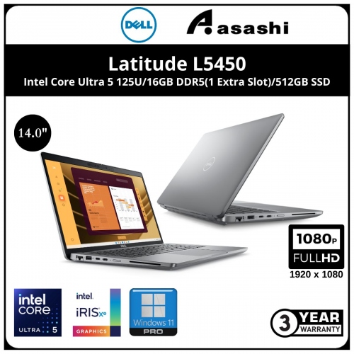 Dell Latitude L5450-U5125-16G-512-W11 Commercial Notebook (Intel Core Ultra 5 125U/16GB DDR5 5200Mhz(1 Extra Slot)/512GB SSD/14