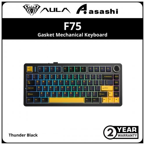 AULA F75 (Thunder Black) Gasket Mechanical Keyboard 75% 80 Key RGB Tri-Mode Wired Bluetooth 2.4G Gasket Structure Hot-swap Gaming Keyboard - Gray wood switch V3