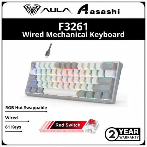 AULA F3261 61 Keys (Grey White / Red Switch) RGB Hot Swappable Wired Mechanical Keyboard