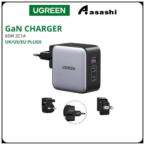 UGREEN 90409 65W 2C1A WORLDWIDE TRAVEL GAN FAST CHARGER INTERCHANGEABLE UK/US/EU PLUGS