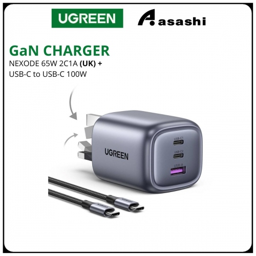 UGREEN 25266 NEXODE 65W 2C1A GAN FAST CHARGER + USB-C TO USB-C CABLE 100W 1.5M (Black)