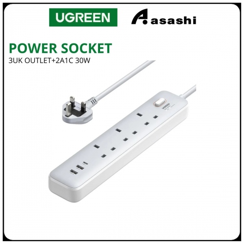 UGREEN SURGE PROTECTOR POWER STRIP 3UK OUTLET+2A1C 30W 2M CABLE RETAIL PACK (WHITE)