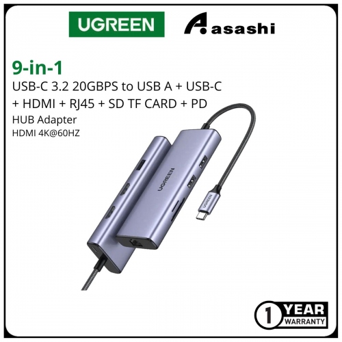 UGREEN 15375 HIGH END USB-C 3.2 20GBPS TO 2*USB-A 3.0+2*USB-C 3.0+HDMI 4K@60HZ+RJ45 GIGABIT+SD&TF+PD (9IN1)