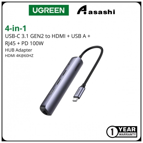 UGREEN USB-C 3.1 GEN 2 TO HDMI 4K@60HZ+2*USB-A 3.0+RJ45 GIGABIT+PD3.0 100W ALUMINUM CASE (4IN1)