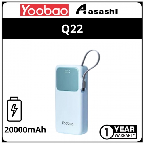 Yoobao Q22 20000mAh Built in Cable Fast Charge with Digital Display (PD 20W / QC3.0 / SCP) - Blue (1 yrs Limited Hardware Warranty)