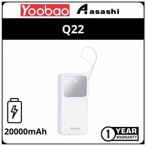 Yoobao Q22 20000mAh Built in Cable Fast Charge with Digital Display (PD 20W / QC3.0 / SCP) - White (1 yrs Limited Hardware Warranty)