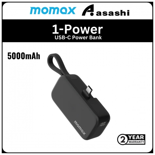 Momax 1-Power Mini 5000mAh Bulit-in Foldable USB-C Connector Power Bank - Black (2Y)