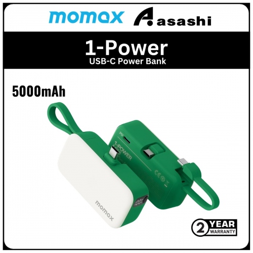 Momax 1-Power Mini 5000mAh Bulit-in Foldable USB-C Connector Power Bank - Green (2Y)