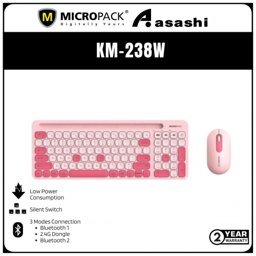 Micropack Lifestyle 2.4G+Bluetooth Wireless 
Keyboard and Mouse Combo - Pink (2 yrs Limited Hardware Warranty)